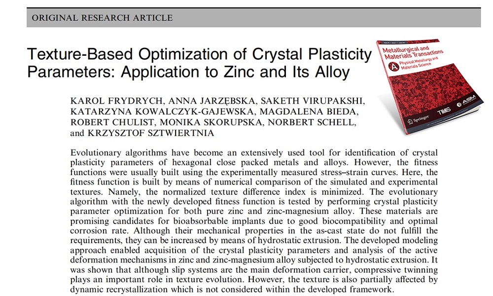 New article in METALLURGICAL AND MATERIALS TRANSACTION A