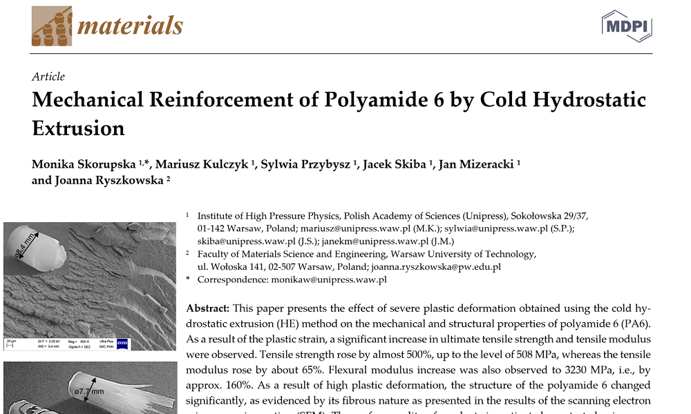 Pierwszy artykuł z wyciskania hydrostatycznego polimerów w naszym Laboratorium